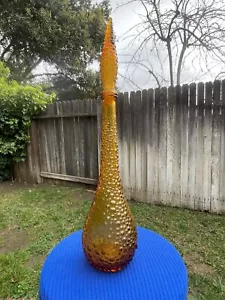 Vintage Mid Century Empoli Italian Amber Glass Decanter Hobnail Genie Bottle 22” - Picture 1 of 9