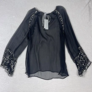 Top negro transparente de seda de colección lentejuelas plateadas 6 manga larga Boho Deadstock Fairy Grunge - Imagen 1 de 13