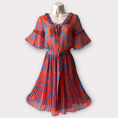 Vestido floral plisado de chifón con detalles de flecos H&M, talla 2, rojo/azul Foto 1 de 4