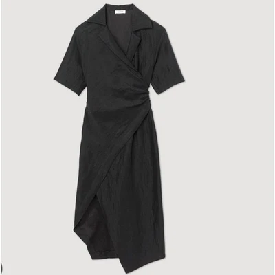 Sandro Midi Dress Black Linen Blend Wrap Assimetric Style Women's EU 36 US S - Image 1 of 4
