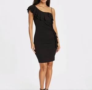 Carole Little Dress LBD Black One Shoulder Mini Ruffle Cocktail Style Size 8 NEW - Picture 1 of 7