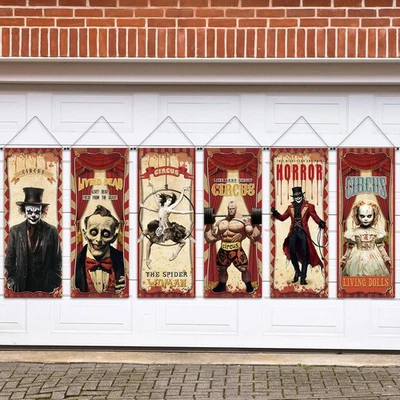 6 piezas recortes de póster colgante de circo vintage de Halloween, decoración de fiesta lateral de carnaval Foto 1 de 4