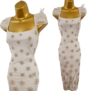 UK 10 Karen Millen Rare Ivory Vintage Gatsby Beaded Angel Feather Pencil Dress - Picture 1 of 17