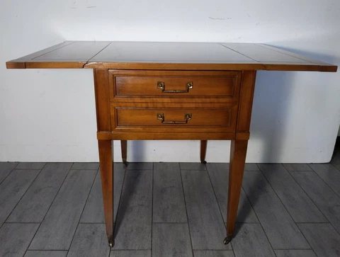 Vintage Mid Century Drop Leaf Rolling Wood Table Nelsonized Drawer Brass Feet Cover