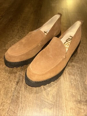 Mocasín Hush Puppies Lucy para mujer 9,5 suela gruesa gamuza cuero coñac marrón Foto 1 de 4