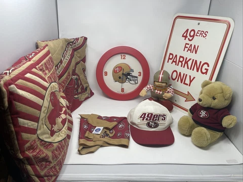 Vtg 1990s 49er Collectible Pillow, Clock, Sign, Bear , Hat, Scarf, Miner Cover