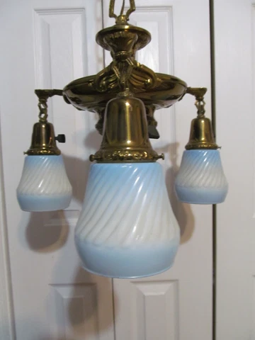 Antique Brass 3 Arm Fixture Blue Glass Hanging Chandelier Light Fixture  (Lot R) Cover