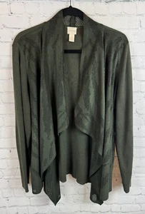 CHICO'S green khaki perforated faux suede knit open front cardigan sweater 3 XL - Picture 1 of 9