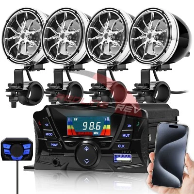 Bluetooth Motorcycle Stereo Speakers Audio Amplifier System USB FM ATV Golf Cart - Image 1 of 4