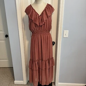 New MAX STUDIO Large Orange Print Chiffon Tiered Ruffle Midi DRESS Cottagecore - Picture 1 of 8