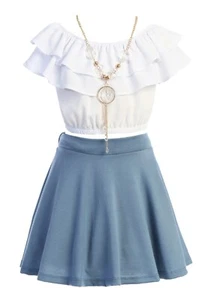 Girls Crop Top Ruffle Layered Top Floral Flower Girl Skirt Sets Denim Blue Dress - Picture 1 of 4