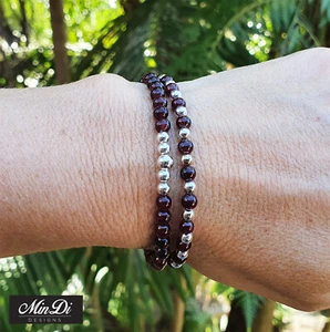 Set Of 2 Stackable Sterling Silver Stretch Bracelets With Garnet. - Picture 1 of 8