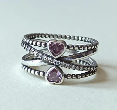 Silver Crossover Double Purple Heart Ring, Womens Fashion Jewellery, UK Seller - Image 1 of 4