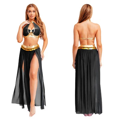 Womens Sequin Tassels Belly Dance Costume Halter Crop Top with Mesh Long Skirts  - Image 1 of 4