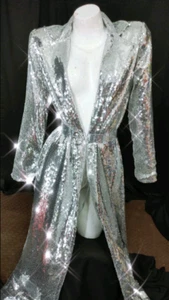 Full Sequin Long Coat Robe Dress Jacket Shiny DJ Club Stage Performance Festival - Picture 1 of 16