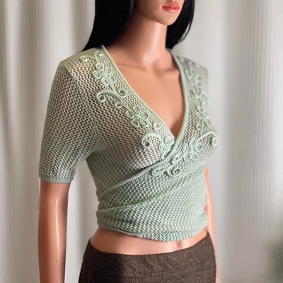 Top envolvente tejido ganchillo verde vintage años 90 Alfred Dunner manga corta Cottagecore S Foto 1 de 4