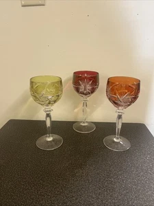 Bohemian Czech Multi Color Crystal Cut to Clear Glass Wine Hock Goblets Set of 3 - Picture 1 of 12