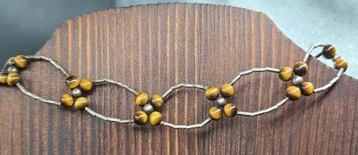 Tigers Eye Beaded Choker Dainty Flower Pattern Silver Beads 13" 2" Extender 9.25 - Image 1 of 4