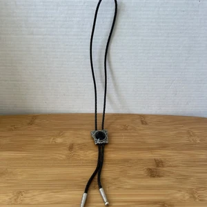 Vintage Unisex Bolo Tie W/ Black Agare Stone & Leather Ties  - Picture 1 of 6