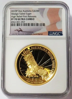 2019 GOLD AUSTRALIA MERCANTI 2oz NGC PF 70 UC 1st RELEASE WEDGE TAILED EAGLE - Image 1 of 2