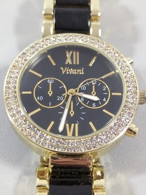 Vivani Black Dial Round Crystal Accent Gold Tone Case Stainless Steel Band Watch - Image 1 of 4