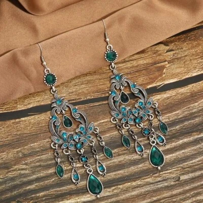 Teal Blue Textured Bohemian Long Tassel Vintage WaterDrop Earrings Women Fashion - Image 1 of 2