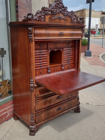 Antique Victorian Mahogany ornately wood craved Biedermeier secretary desk Cover