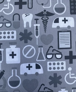 Healthcare Icons novelty fabric (gray/black/white) 2 yds, 65% poly, 35% cotton - Picture 1 of 2