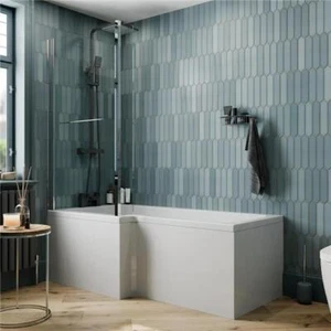 L-Form Duschwanne 1700x850 mm, Sichtschutz mit Reling & Badewannenverkleidung LH Badezimmer - Bild 1 von 6