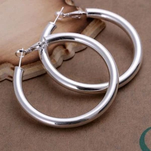 925 Sterling Silver Hoop Pierced Earrings 1.8" Inches L100 - Picture 1 of 8