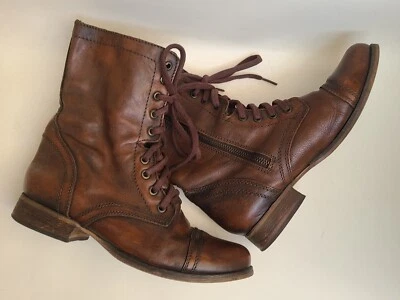 Steve Madden 棕色皮革 Troopa 靴子 8.5 战斗奶奶风格现代维多利亚 — 第 1/4 张图片