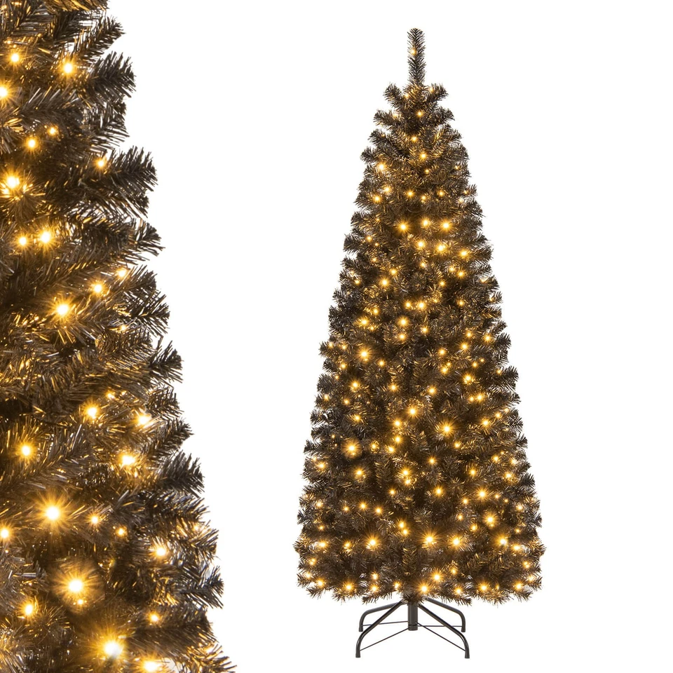 Costway 6' Pre-lit PVC Christmas Halloween Pencil Tree Black w/ 280 LED Lights