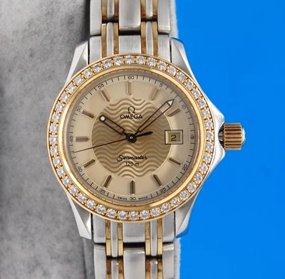 Ladies Omega Seamaster 18K Gold & SS Watch - Gold Dial - Diamond Bezel - 2385.11 - Image 1 of 4