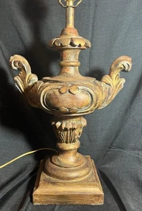 Vintage 17# Table Lamp Cast Plaster Handled Urn Carved Wood Look Light Fixture - Picture 1 of 15