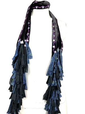 Chan Luu 2 Way Choker Shreds Scarf Boho Long Velvet Blue Purple Black - Image 1 of 2