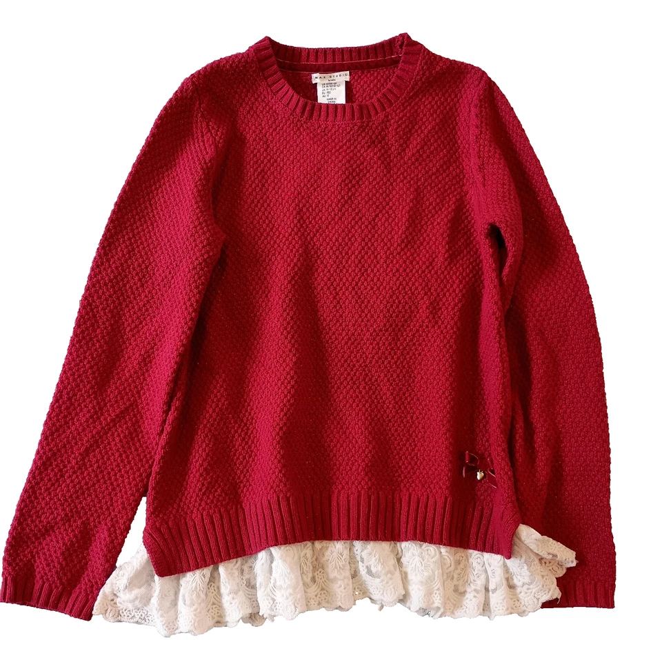 Girls 10/12 Max Studio Kids Holiday Red Cotton Sweater With Lace Bling - Image 1 of 4
