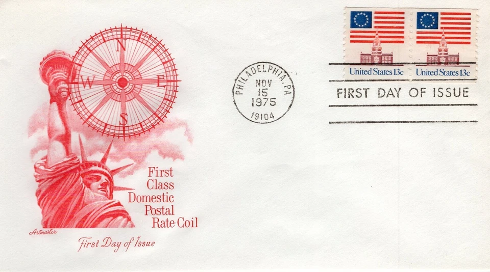 USPS FDC #1625 1975 13c Flag Over Independence Hall Coil Pair ArtMaster ST2005 - Image 1 of 1