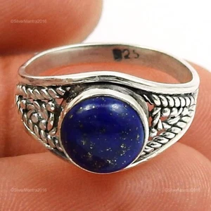 Redondo Lapislázuli Piedra Preciosa Plata Maciza de Ley Anillo Tendencia Joyería - Imagen 1 de 8