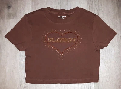 Playboy Estrás Bling Marrón Crop Top Camiseta Manga Corta Recortada Bebé Camiseta S Foto 1 de 4
