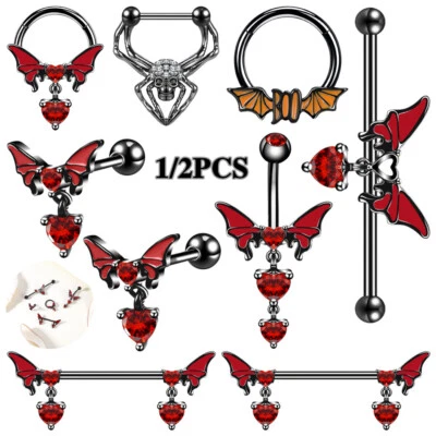Araña de murciélago acero inoxidable aretes circonita cúbica anillos de tabique joyería de Halloween Foto 1 de 4