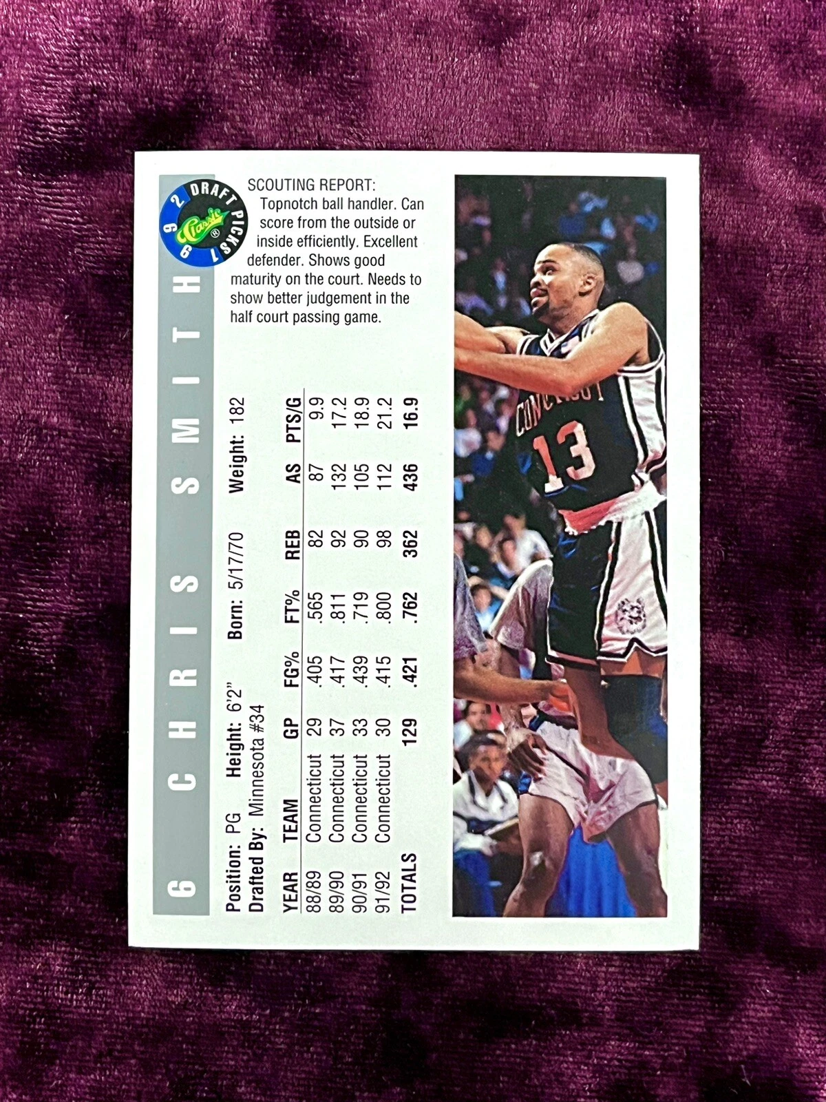 Chris Smith 1992 Classic Draft Picks RC #6 UConn Huskies Legends Rookie Jersey💙