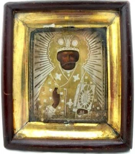 19c RARE RUSSIAN ICON SAINT NICHOLAS WONDER WORKER silver oklad in kiot - Picture 1 of 4