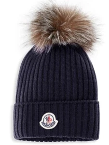 Moncler Unisex Navy Beanie Hat Size TG S Fox Fur - Picture 1 of 1