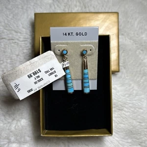 Estate 14k Gold & Turqoise 1.5"/ 3.75 cm Dangle Earrings - New w/Tags - Picture 1 of 5