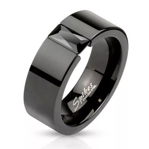 Anillo de acero inoxidable para hombre con banda cuadrada negra con circonita cúbica rectangular Foto 1 de 1