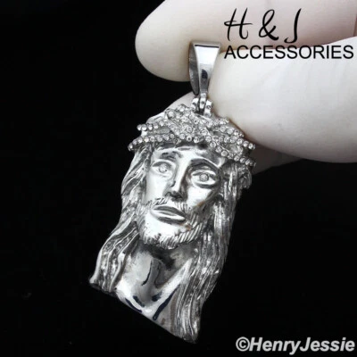 18-36"MEN Stainless Steel 4mm Silver Box Link Chain 3D CZ Jesus Head Pendant*133 - Image 1 of 4