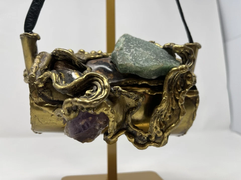 Signed Rare Brutalist Carvalhus Rio Copa Brass Artisan Purse Huge Natural Stones - Image 1 of 4