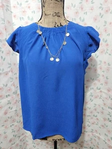 LOFT OUTLET, WOMEN'S ROYAL BLUE RAYON RUFFLED SLEEVED CAREER BLOUSE SIZE M - Bild 1 von 8