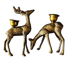 Vintage Brass Reindeer Candlestick Holder 5 3/4” (pair of 2) Buck & Doe - Picture 1 of 7