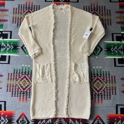 Cárdigan largo tejido marfil Free People Woodstock suéter flecos plumero pequeño D6 Foto 1 de 4